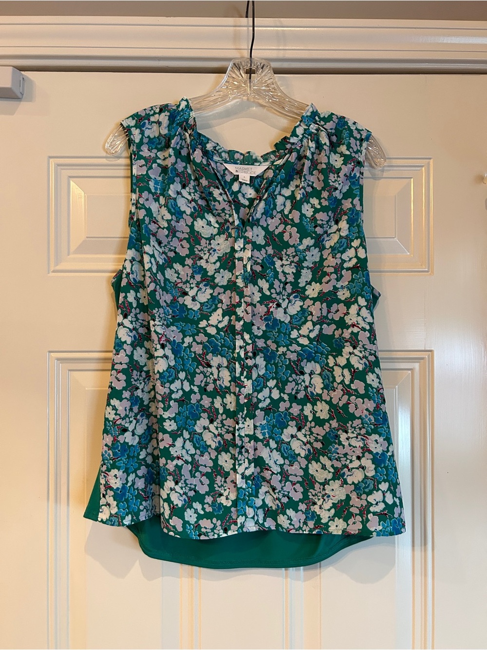Market & Spruce Teal Floral Ruffle-Neck Sleeveless Blouse